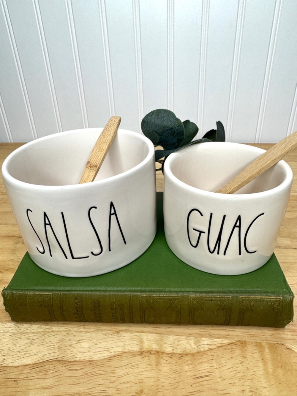 Rae Dunn Guac and Salsa Bowl Set Bamboo Spoons Artisan Collection Magenta 213